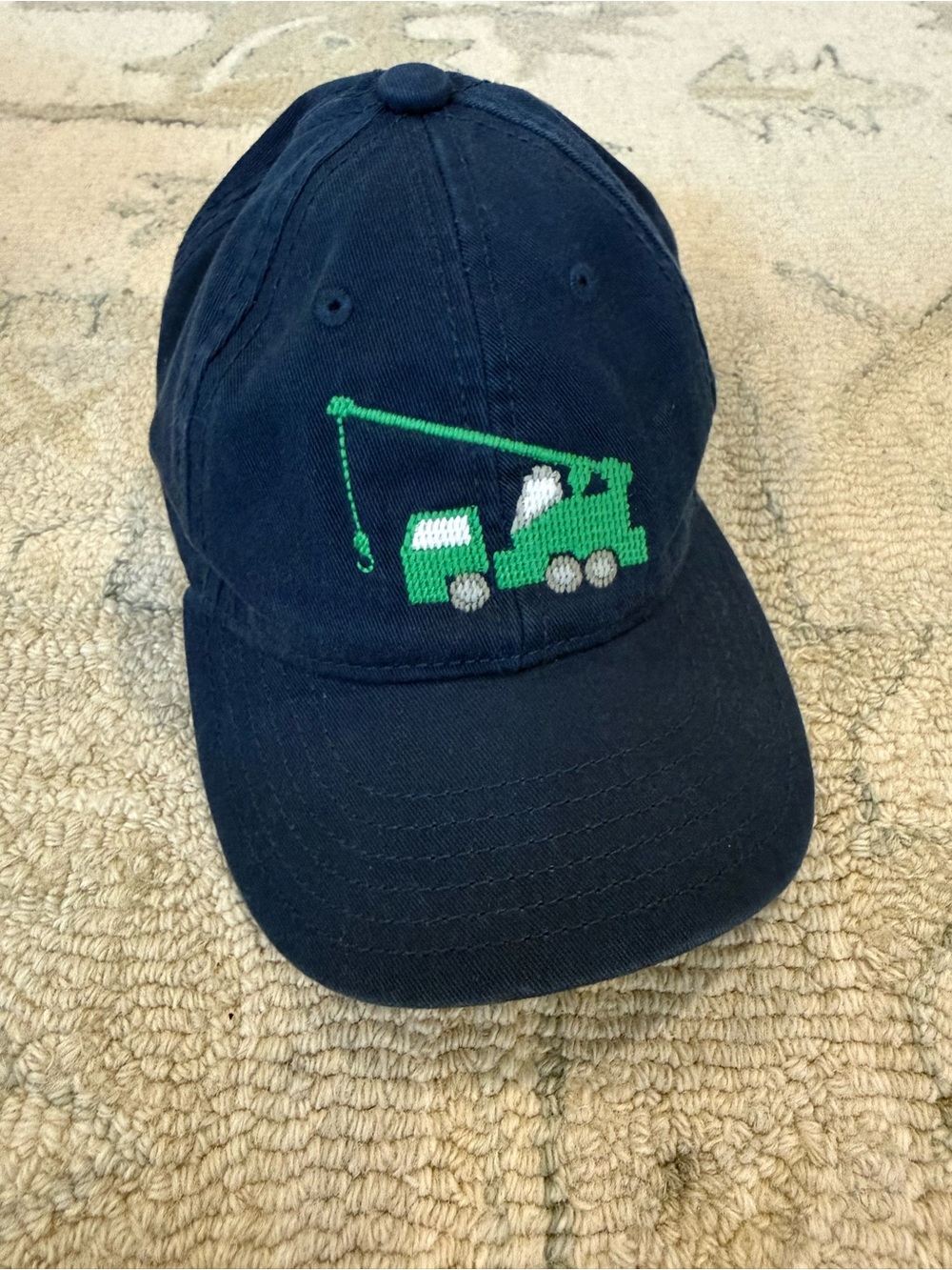 Kids Navy Baseball Cap with Green Crane Truck Embroidery